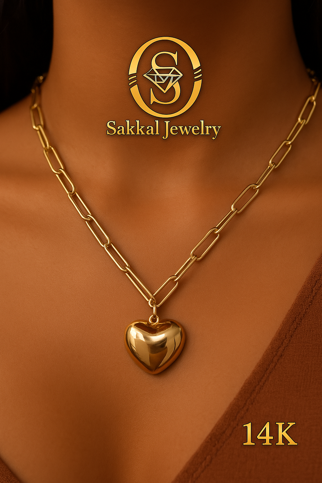 14K GOLD PAPER CLIP HEART NECKLACE 18"