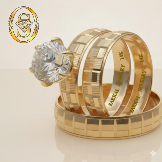 14K SOLID GOLD ENGAGEMENT RING TRIO WITH DIAMOND-CUT ZIRCONIA GEMSTONE