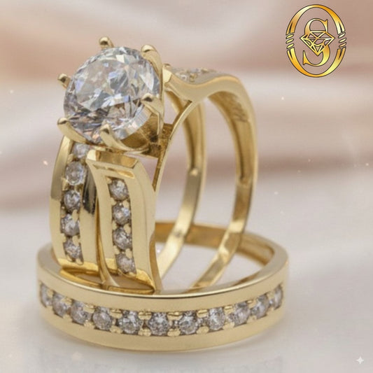 14K SOLID GOLD ENGAGEMENT RING TRIO WITH DIAMOND-CUT ZIRCONIA GEMSTONE