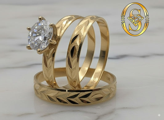 14K SOLID GOLD ENGAGEMENT RING TRIO WITH DIAMOND-CUT ZIRCONIA GEMSTONE