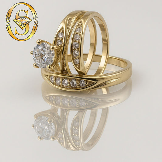 TRIO OF 14K GOLD ENGAGEMENT RINGS WITH PRECIOUS SYNTHETIC ZIRCONIA DIAMONDS