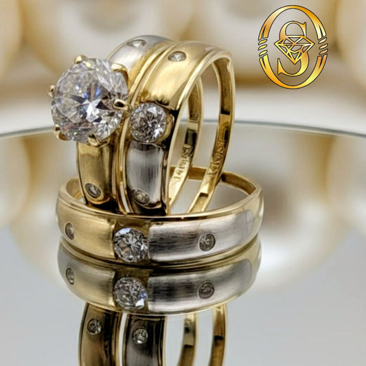 TRIO OF 3-COLOR RINGS IN 14K GOLD  WITH DIAMOND-CUT ZIRCONIA GEMSTONE