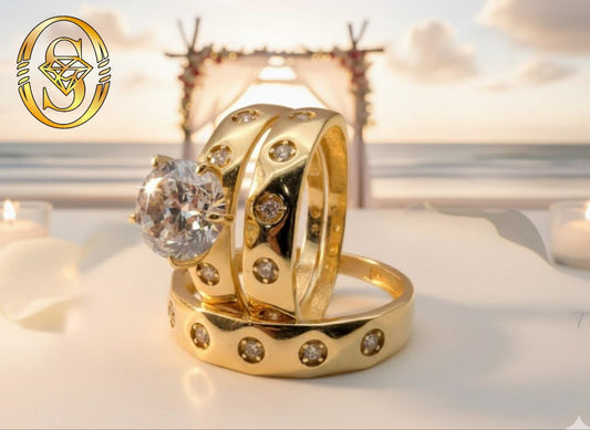 14K SOLID GOLD ENGAGEMENT RING TRIO WITH DIAMOND-CUT ZIRCONIA GEMSTONE