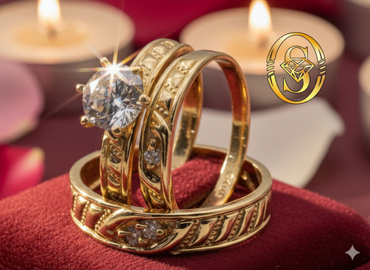 14K SOLID GOLD ENGAGEMENT RING TRIO WITH DIAMOND-CUT ZIRCONIA GEMSTONE